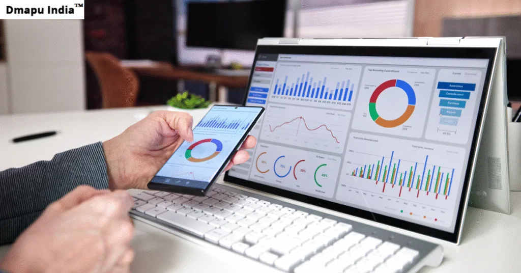 Person analyzing data on phone and laptop using Google Analytics Course in Delhi.