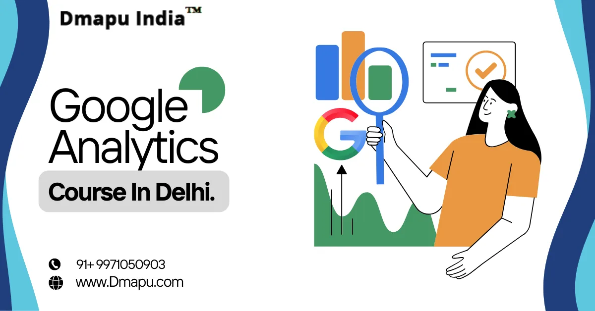 Girl analyzing Google Analytics chart with icons – Dmapu India course in Delhi